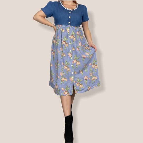 Vintage Dresses & Skirts - Vintage 90s Size 14 Pellini Blues Petites Floral Print & Chambray Midi Sun Dress